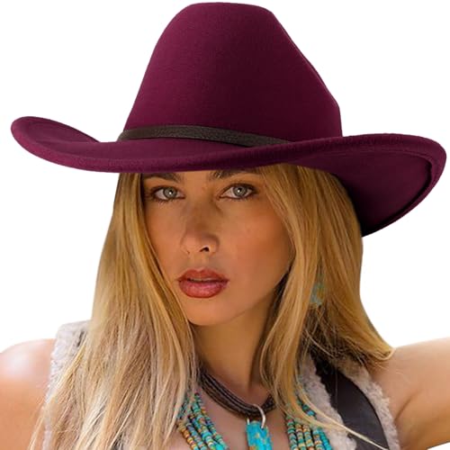 DRESHOW Western Cowboy Hat for Women Men Wide Brim Felt Fedora Cowgirl Hats - color: Burgundy, size: Large