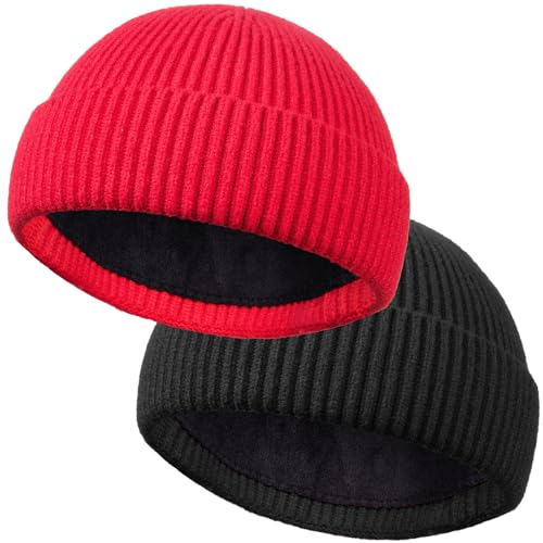 ROYBENS Short Wool Fisherman Beanie for Men Women Knit Fleece Lined Beanies - color: 2pcs-black+red