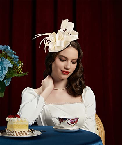 Kentucky Derby Fascinators for Women High Tea Party Hat Wedding Cocktail Flower Headware with Mesh and Feathers - color: Y-beige