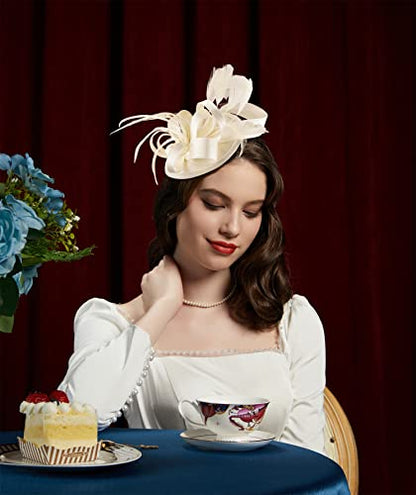 Kentucky Derby Fascinators for Women High Tea Party Hat Wedding Cocktail Flower Headware with Mesh and Feathers - color: Y-beige
