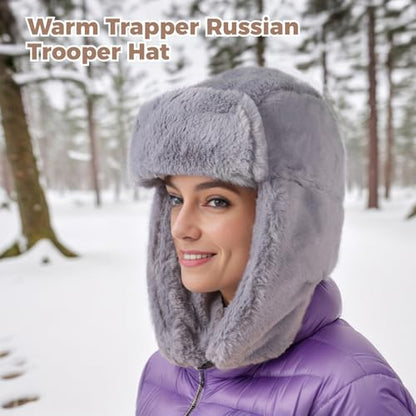 Cozy Plush Winter Hats Men Women Trapper Trooper Hat with Earflaps Windproof Russian Ushanka Hats Outdoor Skiing Cap - color: Gray