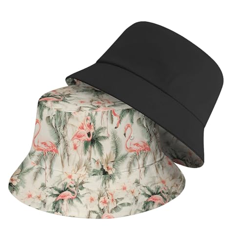Amasnay Funny Bucket Hat Cotton Double-Side-Wear Reversible Sun Hat for Women Men, Summer Vacation Travel Beach Fisherman Hat - color: Flamingos Beige