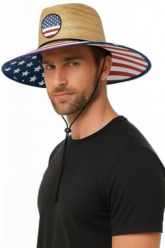 grinderPUNCH Straw Sun Hat for Men Women Wide Brim Beach Fishing UPF 50 - color: Usa Flag
