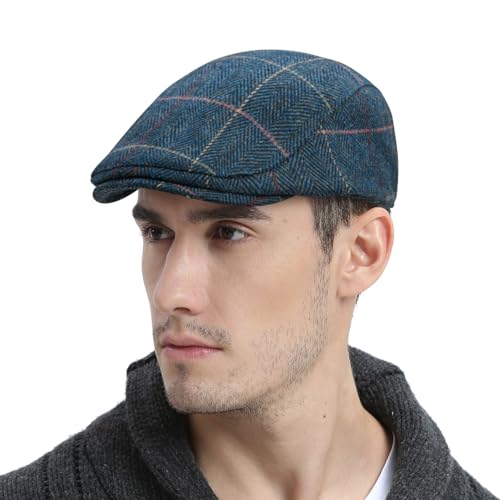 FEINION Men Wool Blend Flat Cap Tweed Newsboy Ivy Hat - color: Plaid Blue