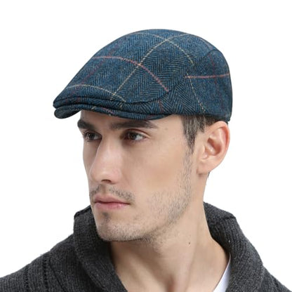 FEINION Men Wool Blend Flat Cap Tweed Newsboy Ivy Hat - color: Plaid Blue