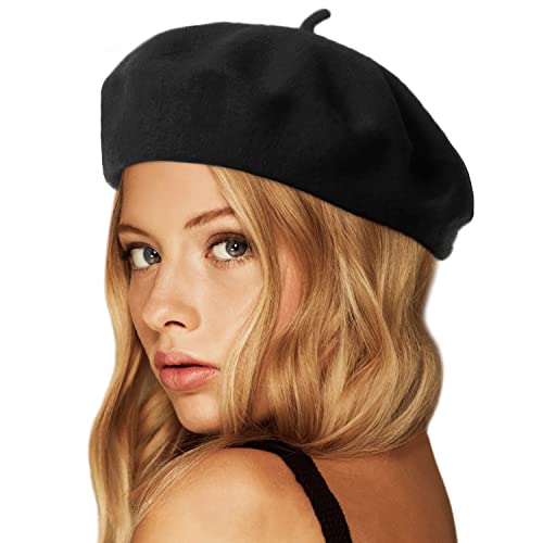 Wheebo Wool Beret Hat,Solid Color French Style Winter Warm Cap for Women Girls Lady - color: Black