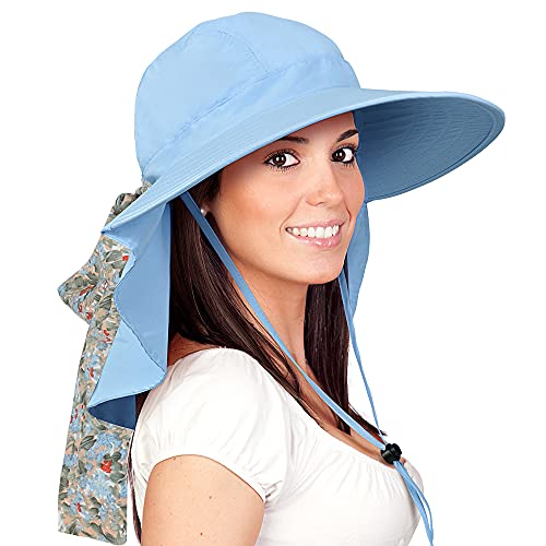 Solaris UPF 50+ Wide Brim Sun Hat for Women - Small Size Packable Lightweight, Floral Scarf Cooling Hat with Neck Flap - color: Blue