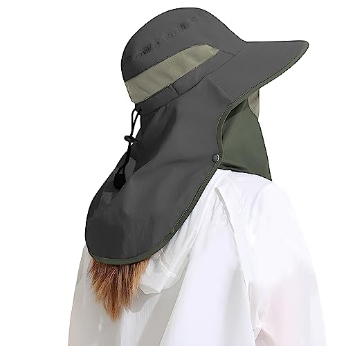 Outdoor Sun Hat Detachable Neck Face Flap UPF 50+UV Protection Visor Fishing Hats with Neck Flap for Men & Women - color: Dark Grey