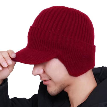 JHDESSLY Knit Beanies with Visor & Earflaps for Men and Women, Winter Hats Fleece Lined Hat Stocking Caps Soft Warm Headwear - color: Wine Red