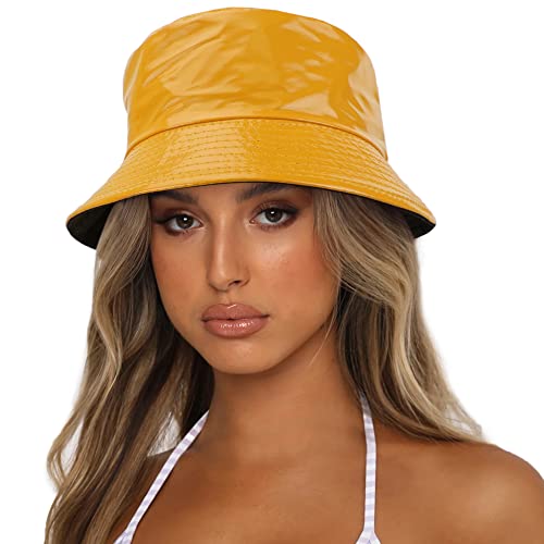 Reversible PU Leather Bucket Hats for Women Solid Color Double Wear Summer Hat Unisex - color: Yellow