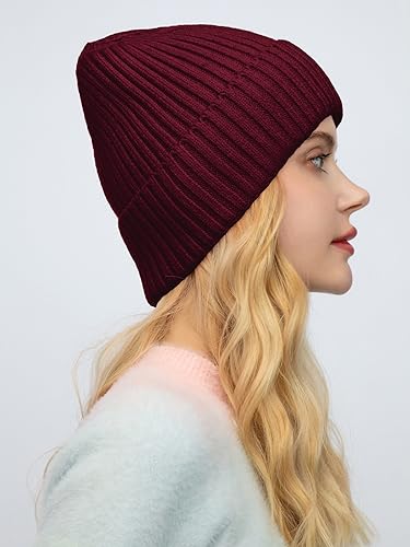 ROYBENS Womens Satin Lined Beanie for Men Wool Knit Cuffed Warm Winter Hats - color: 2pack-wine Red+black
