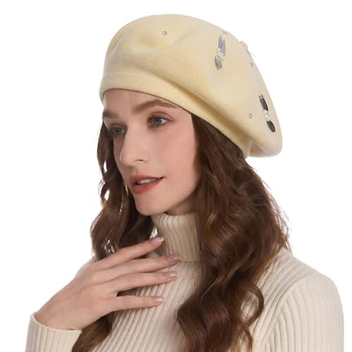 ZLYC Women French Beret Hat Reversible Knit Thickened Warm Artist Cap - color: Paillettes Bunny Beige
