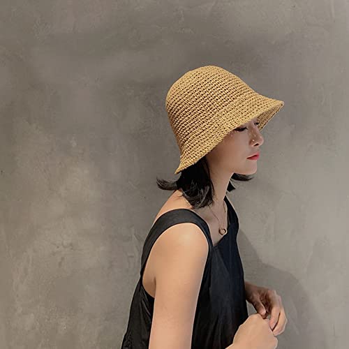Women Sun Hat Hand-Woven Packable Beach Bucket Hat Summer Floppy UV Protection Hats - color: Khaki