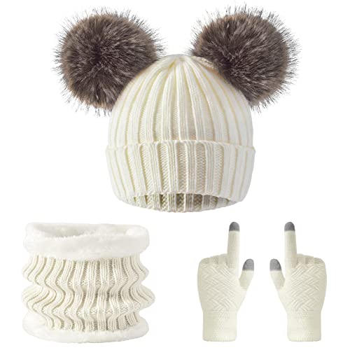 3 Pcs Women Winter Knit Beanie Hat Scarf Touchscreen Gloves Set Warm Soft Thick Fleece Lined Skull Cap with Double Pom Pom - color: White