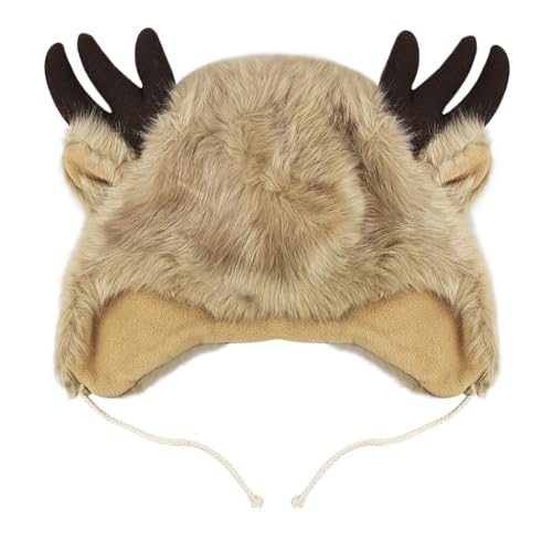 XGOPTS Winter Faux Fur Plush Hat with Horns Warm Animal Horn Ox Earflap Hat - color: Brown