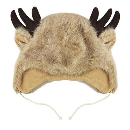 XGOPTS Winter Faux Fur Plush Hat with Horns Warm Animal Horn Ox Earflap Hat - color: Brown