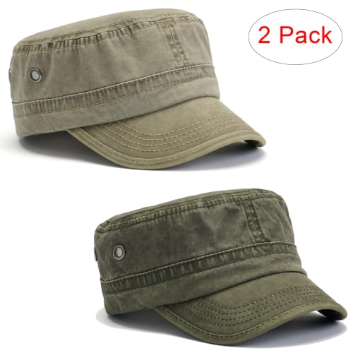 2 Pack Military Caps for Men Women, Washed Cotton Cadet Army Hats - color: Army Green+khaki