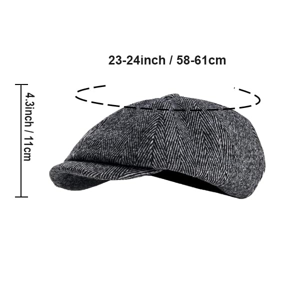 2 Pack Newsboy Cap Peaky Herringbone Baker Boy Flat Caps for Men Women (Black and Gery)