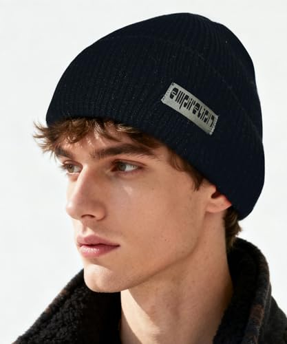 EMPIRELION Warm Cuffed Beanie for Winter, 9 cm Extra-Warm Fold, 42-30-28 Stretch Yarn, Wind-Resistant, One Size - color: Black