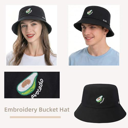 ZLYC Cotton Bucket Hat for Women Men Embroidered Packable Summer Sun Cap - color: Black Avocado