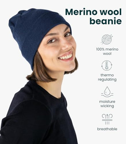 100% Merino Wool Beanie for Women, Men - Set Adult Skull Cap 17.5um & Socks - color: Denim, size: Small-Medium