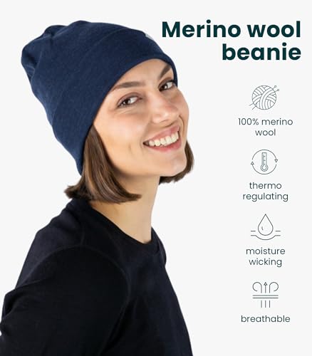 100% Merino Wool Beanie for Women, Men - Set Adult Skull Cap 17.5um & Socks - color: Denim, size: Large-X-Large