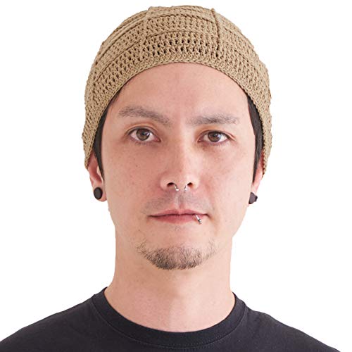 CHARM Mens Summer Beanie Cotton - Womens Crochet Slouch Cap Hand Made Chemo Hat - color: Beige