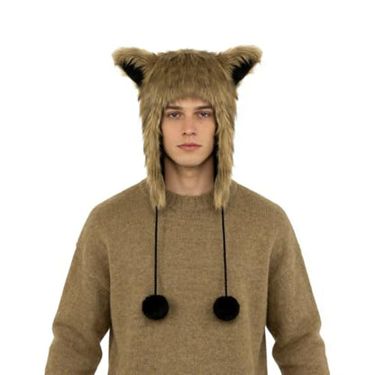 PURFUN Fuzzy Faux Fur Full Hood Trapper Hats with Animal Ear, Adults Halloween Cosplay Roleplay Cat Wolf Ear Hooded Hats - color: Light Brown