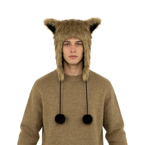 PURFUN Fuzzy Faux Fur Full Hood Trapper Hats with Animal Ear, Adults Halloween Cosplay Roleplay Cat Wolf Ear Hooded Hats - color: Light Brown