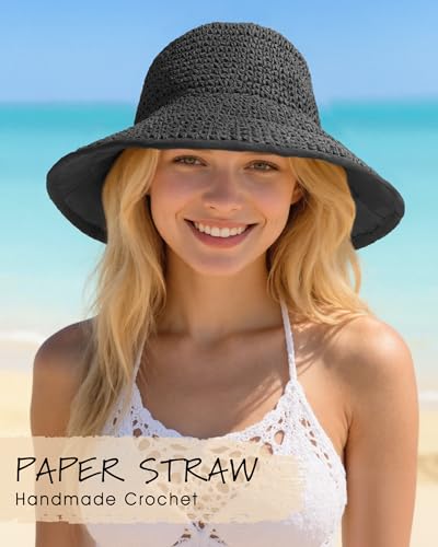 Sun Hats for Women, Summer Beach Straw Wide Brim Bucket Hat - color: Black, size: Large