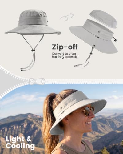 2-in-1 Womens Bucket Sun Hats, Sun Visor Hat, UPF 50+ Wide Brim, Ponytail-Friendly, Packable, Hiking Outdoor - color: Light Grey