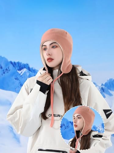 Mens Womens Warm Fleece Beanie Soft Winter Hat with Ear Flaps Windproof Ski Snow Cycling Skull Cap Helmet Liner - color: Pink