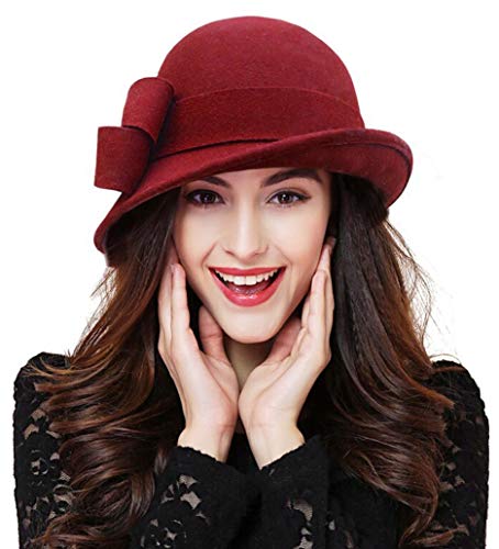 Bellady Women Solid Color Winter Hat 100% Wool Cloche Bucket with Bow Accent - color: Dark Red