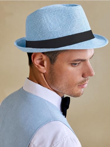 BABEYOND Men's 1920s Short Brim Trilby Fedora Hat - color: Baby Blue
