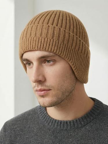 Winter Beanie for Men Women with Earflap, Fleece Lined Beanie Soft Warm Knit Hat Ski Stocking Cuffed Cap - color: Camel