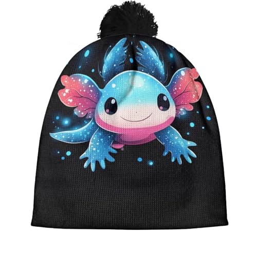 Girls Boys Winter Warm Knit Beanie Pompom Elasticity Slouchy Hat Skull Caps for Childrens - color: Black Cute Axolotl