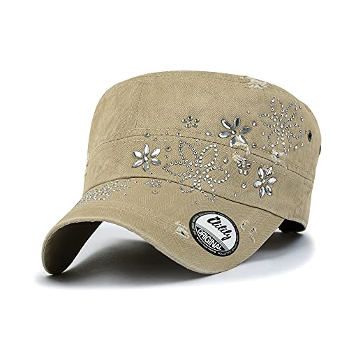 ililily Rhinestone Cotton Cadet Cap Vintage Distressed Cotton Military Army Hat - color: Beige Flower