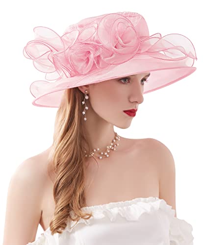 Women Derby Fascinator Hat Organza Church Wedding Hats Wide Brim Cocktail Tea Party Hat - color: 12 Elegant Pink