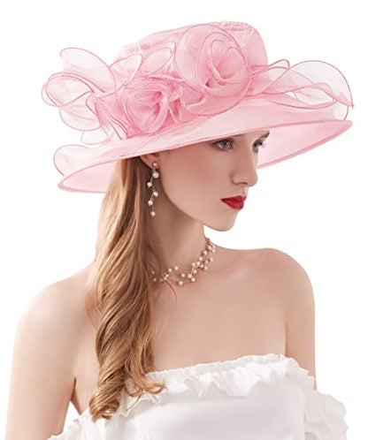 Women Derby Fascinator Hat Organza Church Wedding Hats Wide Brim Cocktail Tea Party Hat - color: 12 Elegant Pink