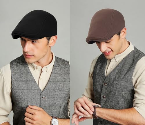 2 Pack Newsboy Cap for Men Women Flat Cap Beret Ivy Cabbie Hat - color: Black + Brown