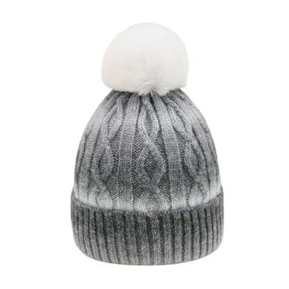 Unisex Colorful Ombre Beanie Winter Cuffed Cable Knitted Hat with Pompom - color: Black