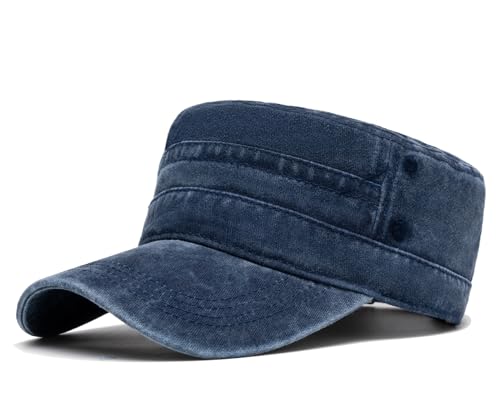 Military Cadet Army Cap for Men Women-Washed Cotton Vintage Adjustable Flat Top Baseball Hat - color: Retro Navy Blue