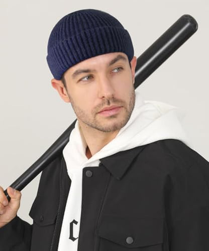 Heniho Wool Fleece Lined Fisherman Beanie for Men, Winter Warm Hats Cuffed Knit Watch Cap Trawler Hat - color: 1pack C- Navy