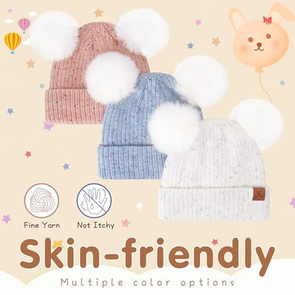FZ FANTASTIC ZONE Toddler Kids Winter Hat Beanie Pompom Warm Fleece Baby Hats 0-6 12 Months 1 2 3 4 Year Old Girls Boys Gifts - color: Pink
