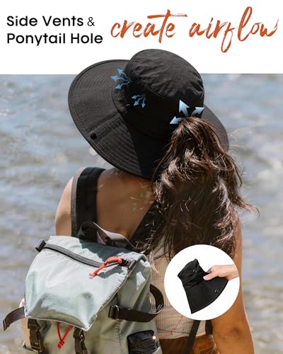 FURTALK Sun Hats for Women Wide Brim Bucket Hat Ponytail Hole Outdoor UPF - color: Black