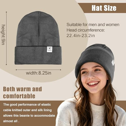 Satin Lined Winter Beanie Hat, Unisex Soft Knit Warm Skull Cap - color: Darkgrey