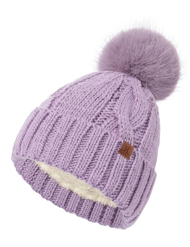 DS DADOU&XIAOSHAN Winter Hats for Women, Fleece Lined Beanie with Pom Pom, Girls Womens Knit Hat Beanies Toboggan - color: Purple
