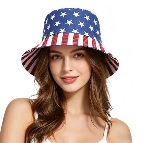 4th of July Bucket Hat for Women Men, Packable Sun Protection Beach Hat, Breathable Outdoor Cap Blue