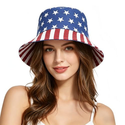 4th of July Bucket Hat for Women Men, Packable Sun Protection Beach Hat, Breathable Outdoor Cap Blue