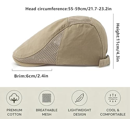 DIYDECAL Mens Cotton Mesh Newsboy Cap Flat Ivy Gatsby Hat Summer Driving Cabbie Cap - color: Khaki